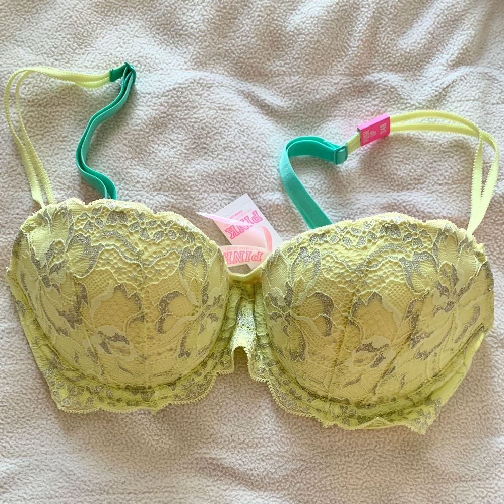 NWT Victoria’s Secret PINK push up lace bra aqua/yellow /gray size 34B